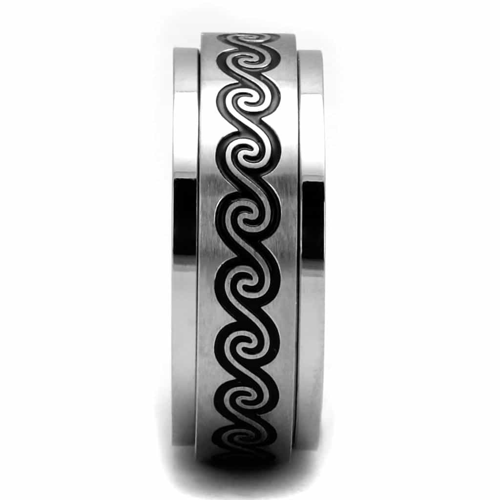 Stainless Steel Black Enamel Wave Scroll Spinner Band Ring view 7