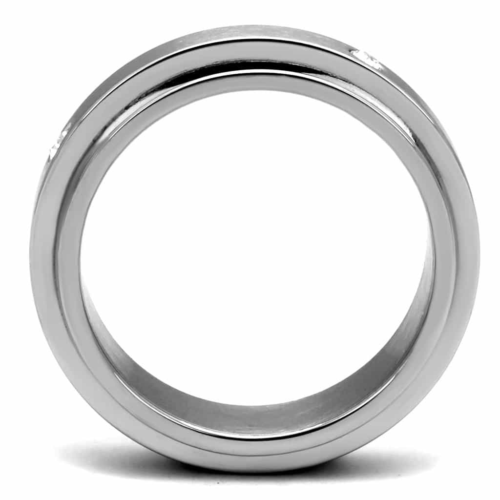 Stainless Steel CZ Single Bezel Satin Grooved Step Band Ring view 5