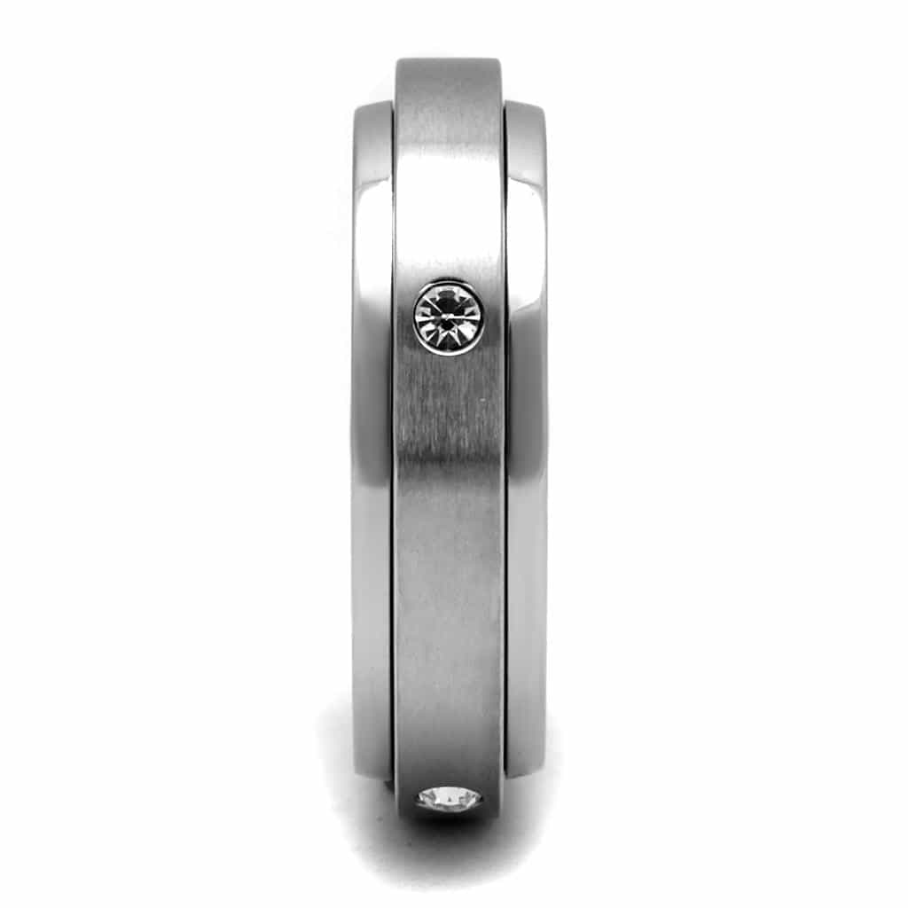 Stainless Steel CZ Single Bezel Satin Grooved Step Band Ring view 7