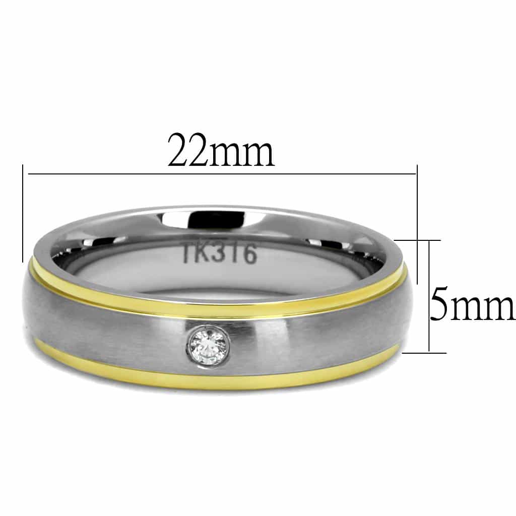 Stainless Steel Two Tone Gold CZ Single Bezel Satin Band Ring view 3