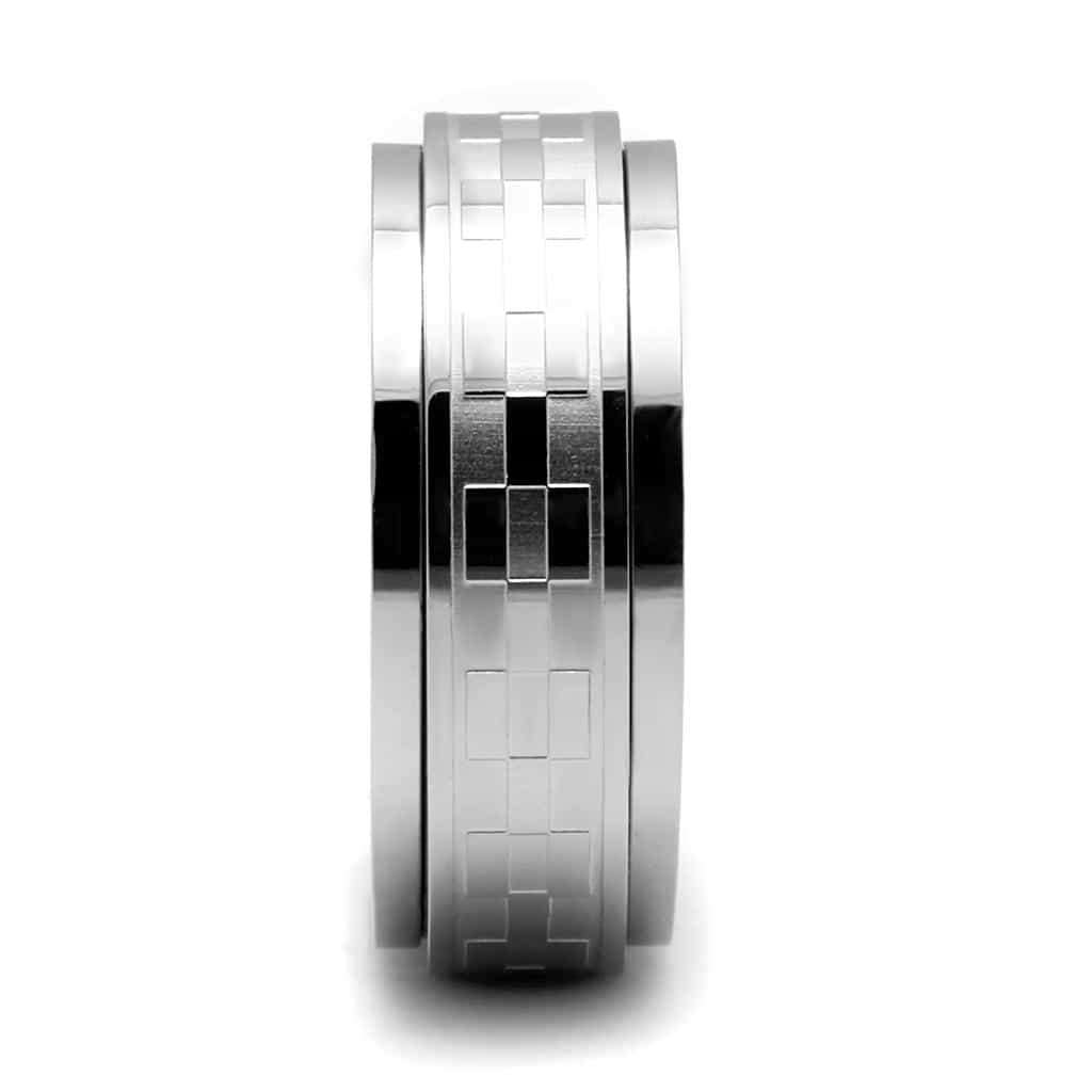 Stainless Steel Polished Brick Checkerboard Pattern Wide Ring view 7
