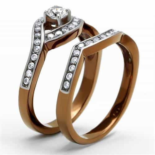 Stainless Steel Two Tone Coffee Brown Silver CZ Round Pave Ring view 7