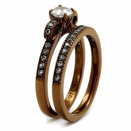 Stainless Steel Coffee Brown IP CZ Round Milgrain Pave Ring view 7