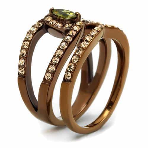 Stainless Steel Coffee Brown IP Peridot Green CZ Marquise Ring view 7