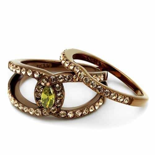 Stainless Steel Coffee Brown IP Peridot Green CZ Marquise Ring view 9