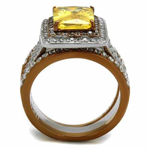 Stainless Steel Yellow CZ Princess Double Halo Pave Bridal Ring view 5