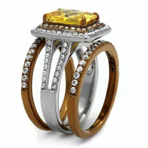Stainless Steel Yellow CZ Princess Double Halo Pave Bridal Ring view 7