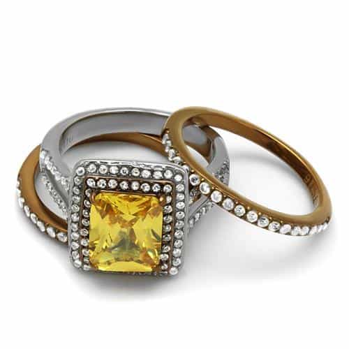 Stainless Steel Yellow CZ Princess Double Halo Pave Bridal Ring view 9