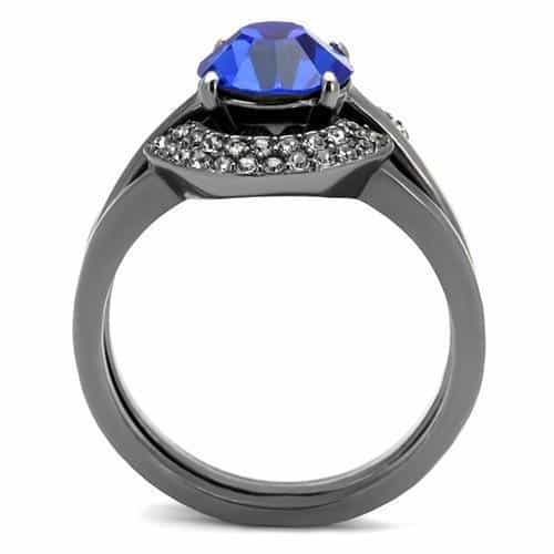 Stainless Steel Dark Gunmetal Blue Sapphire CZ Round Halo Ring view 5