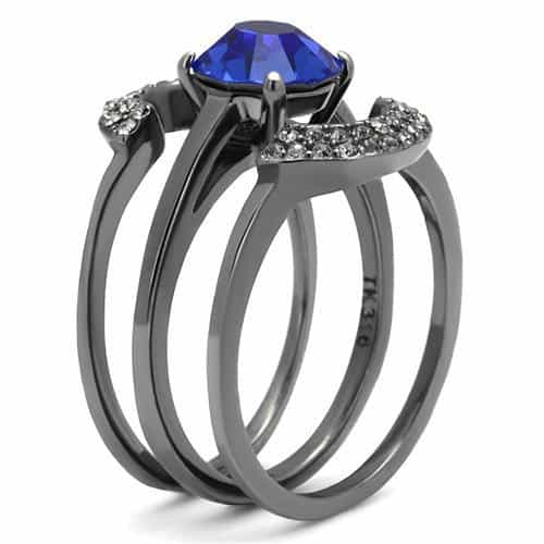 Stainless Steel Dark Gunmetal Blue Sapphire CZ Round Halo Ring view 7