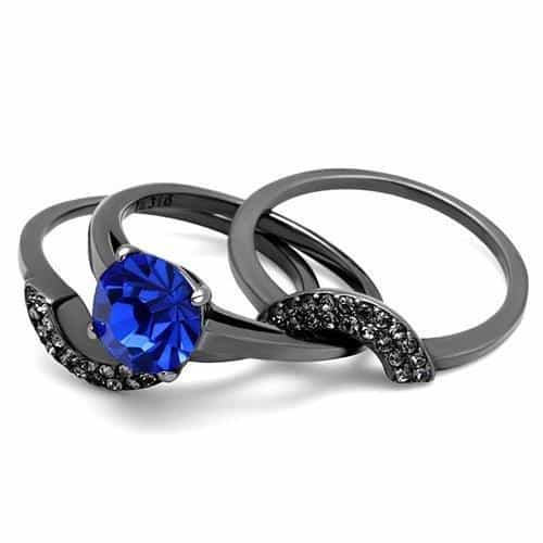 Stainless Steel Dark Gunmetal Blue Sapphire CZ Round Halo Ring view 9