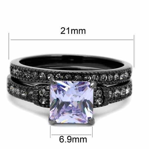 Stainless Steel Dark Gunmetal Tanzanite Purple CZ Princess Ring view 3