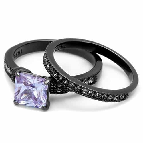 Stainless Steel Dark Gunmetal Tanzanite Purple CZ Princess Ring view 9
