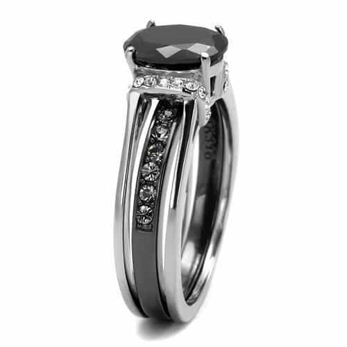 Stainless Steel Black Onyx CZ Oval Pave Bypass Bridal Ring view 7