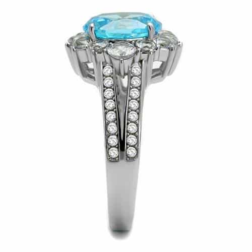 Stainless Steel Aquamarine Blue CZ Oval Halo Pave Cocktail Ring view 7