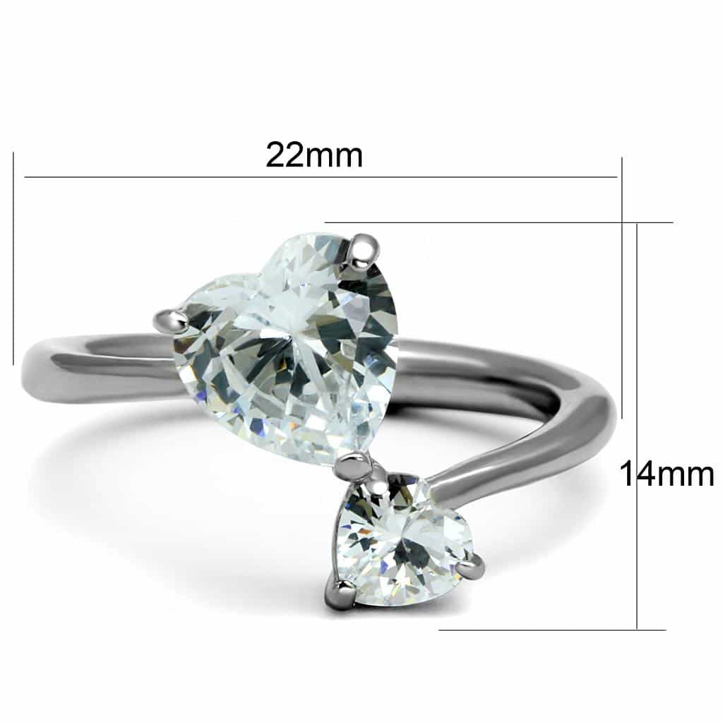 Stainless Steel CZ Heart Round Double Solitaire Thin Band Ring view 3