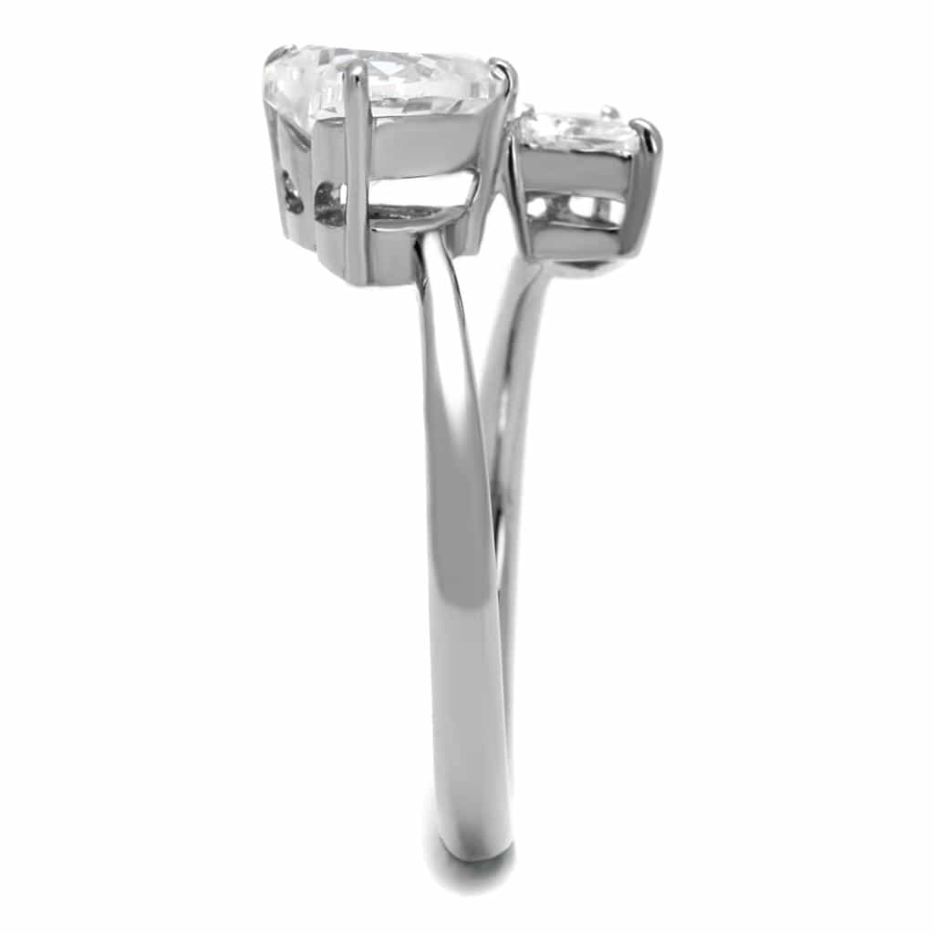 Stainless Steel CZ Heart Round Double Solitaire Thin Band Ring view 7