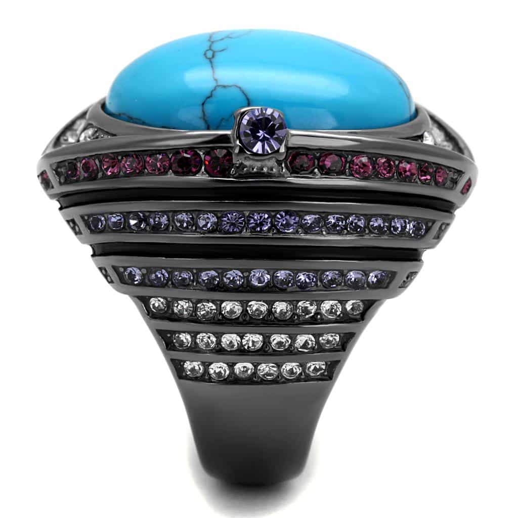 Stainless Steel Dark Gunmetal Turquoise Cabochon CZ Amethyst Ring view 7