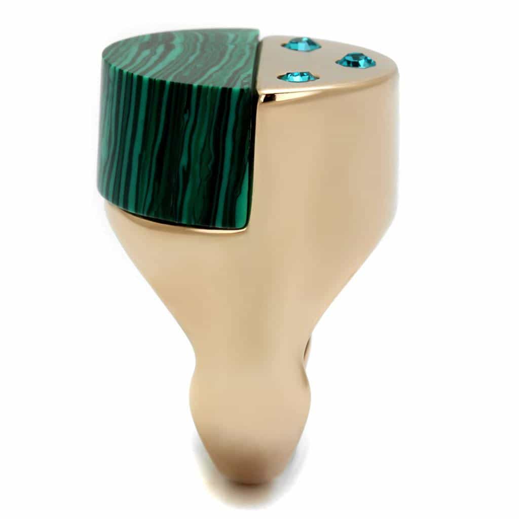 Stainless Steel Rose Gold IP Malachite Inlay Green Zircon CZ Ring view 7