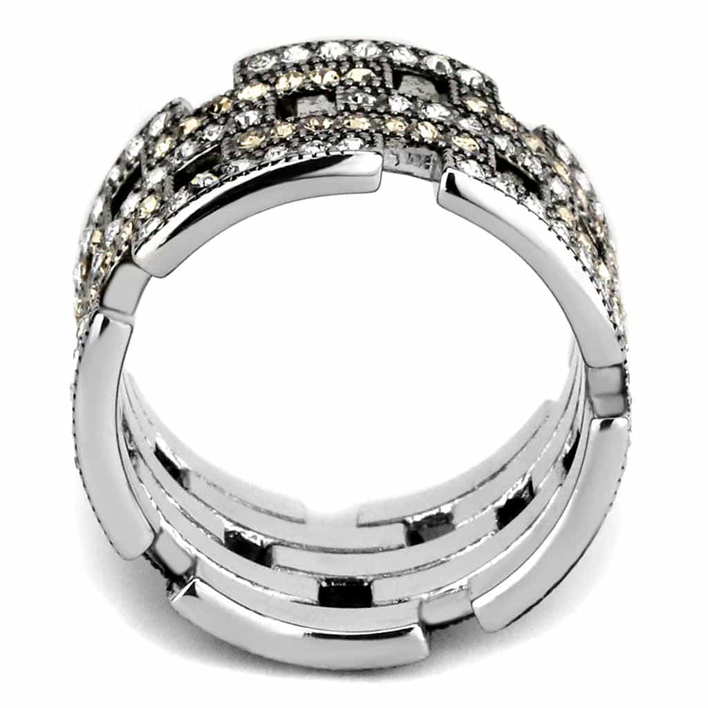 Stainless Steel Champagne Crystal Grid Cutout Pave Wide Band Ring view 5