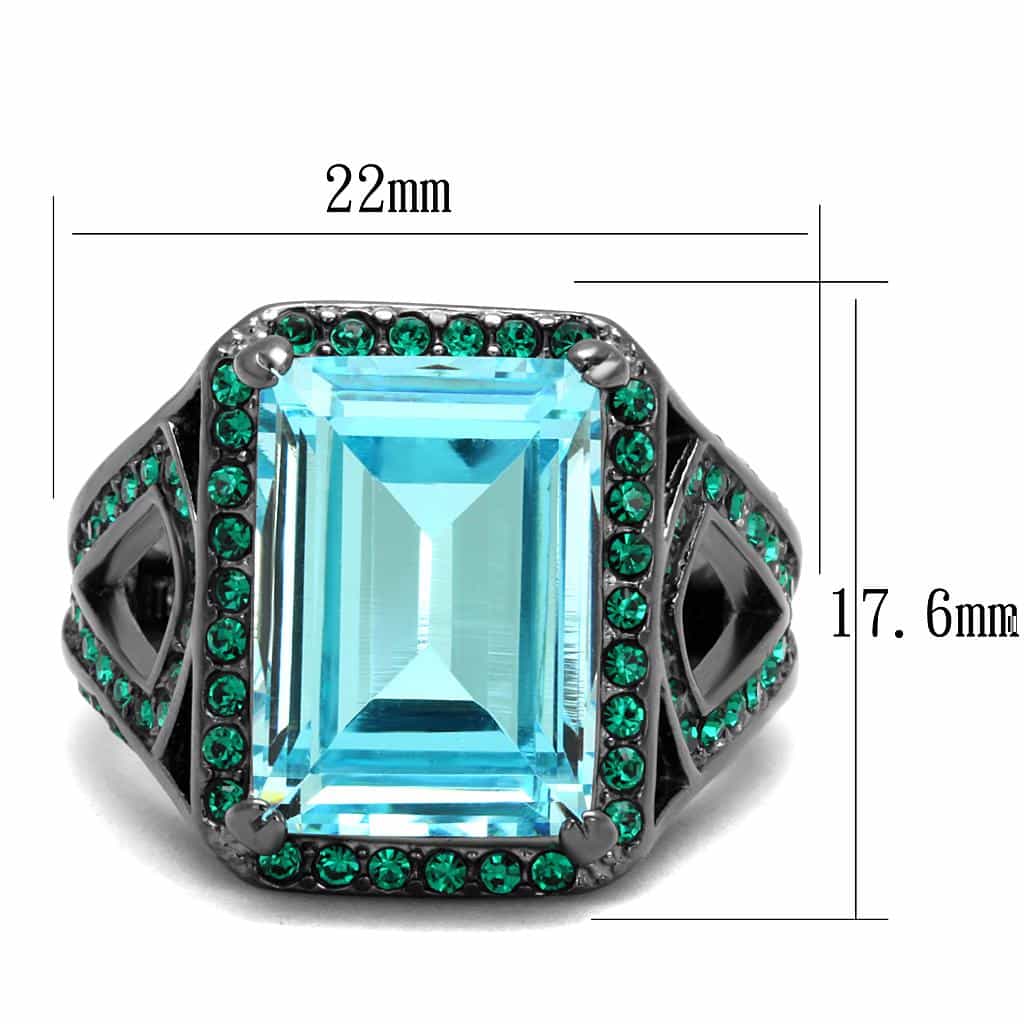 Stainless Steel Dark Gunmetal Aquamarine Emerald Cut Green Ring view 3