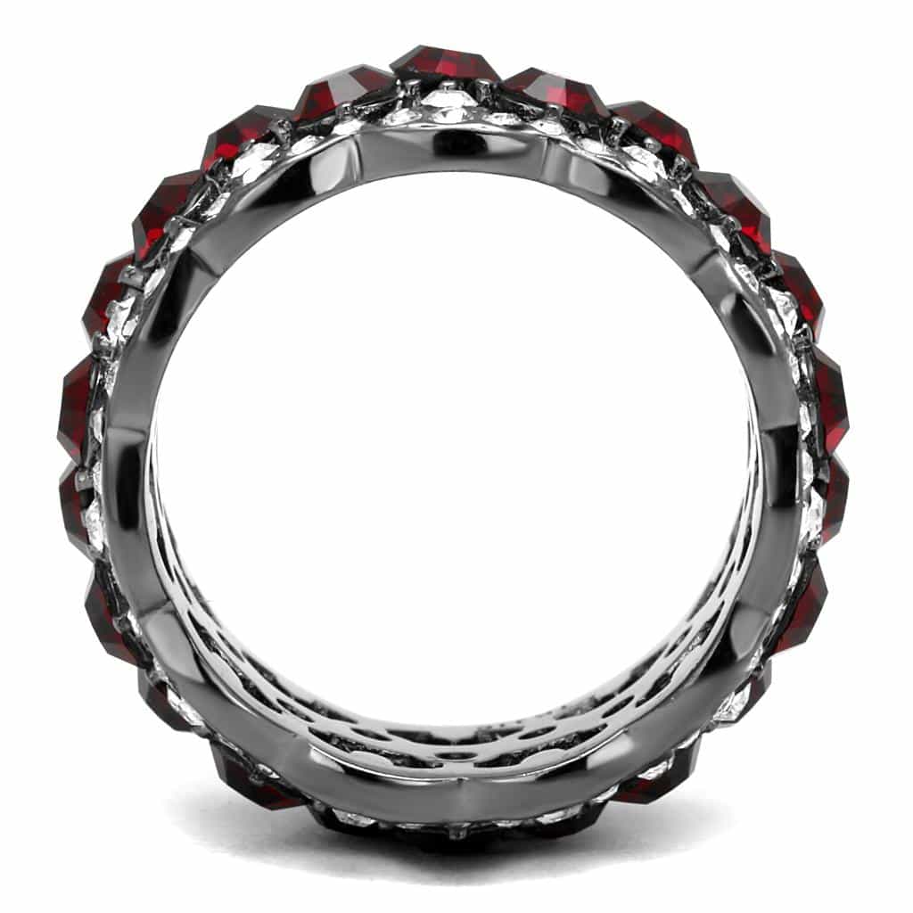 Stainless Steel Dark Gunmetal Red Garnet CZ Pave Filigree Ring view 5