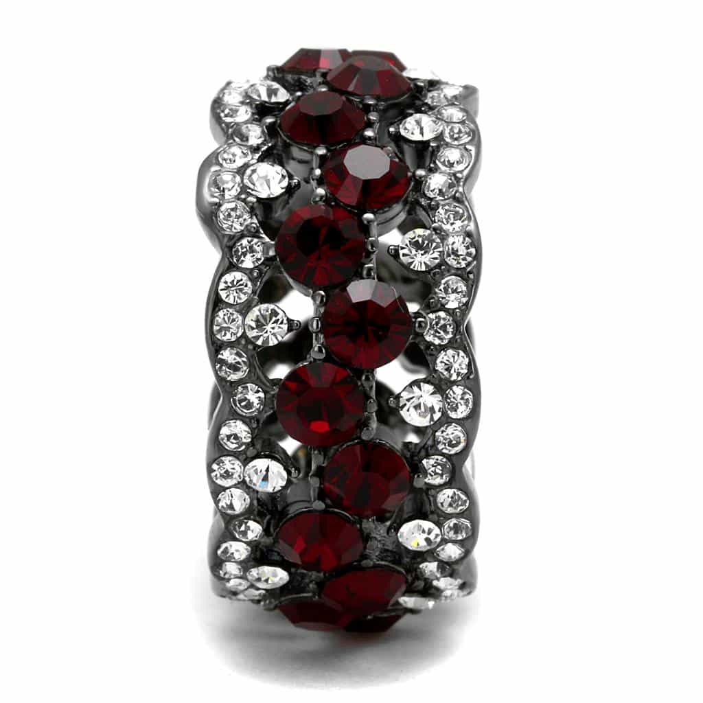 Stainless Steel Dark Gunmetal Red Garnet CZ Pave Filigree Ring view 7