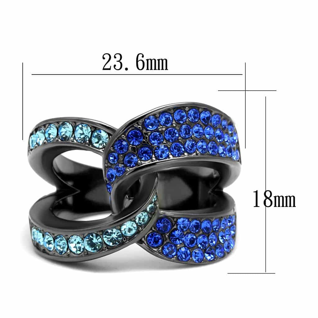 Stainless Steel Dark Gunmetal Aquamarine Blue Crystal Pave Ring view 3