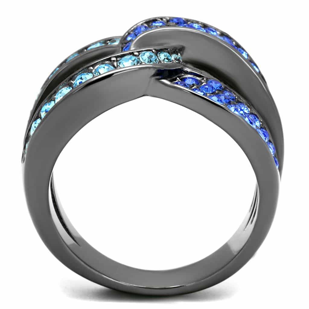 Stainless Steel Dark Gunmetal Aquamarine Blue Crystal Pave Ring view 5