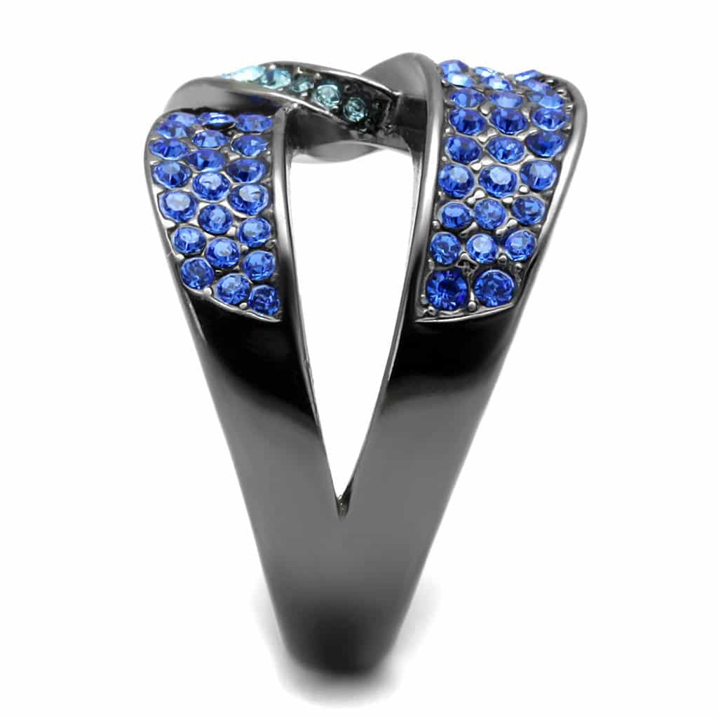 Stainless Steel Dark Gunmetal Aquamarine Blue Crystal Pave Ring view 7