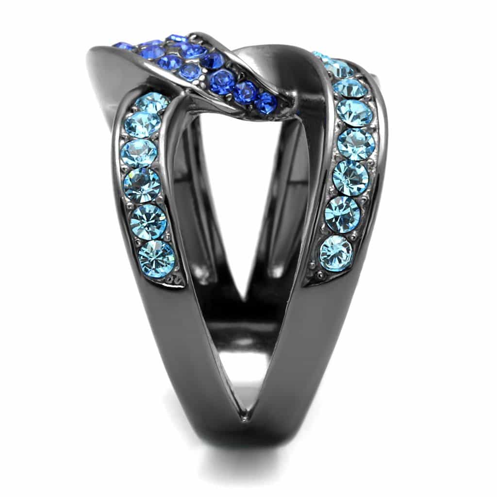Stainless Steel Dark Gunmetal Aquamarine Blue Crystal Pave Ring view 9