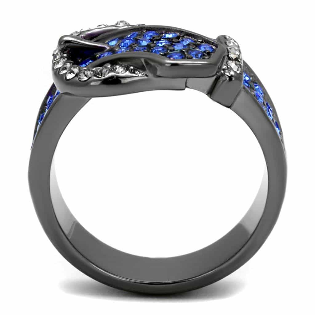 Stainless Steel Dark Gunmetal Blue Sapphire Crystal Pave Ring view 5