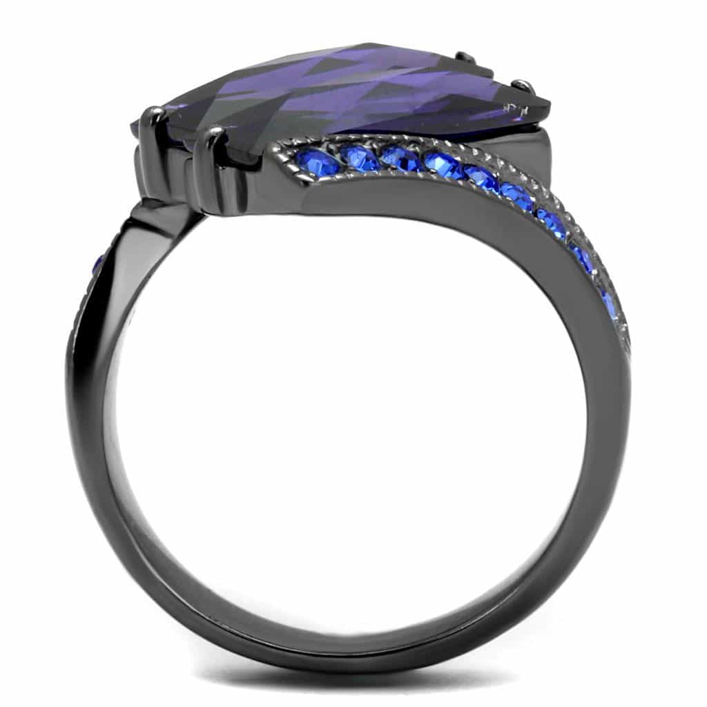 Stainless Steel Dark Gunmetal Amethyst Purple CZ Baguette Ring view 5