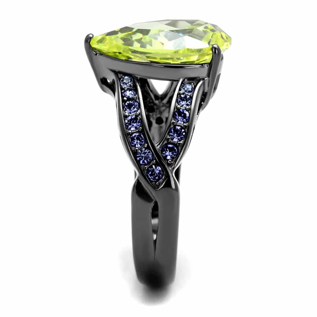 Stainless Steel Dark Gunmetal Yellow Peridot CZ Pear Pave Ring view 7