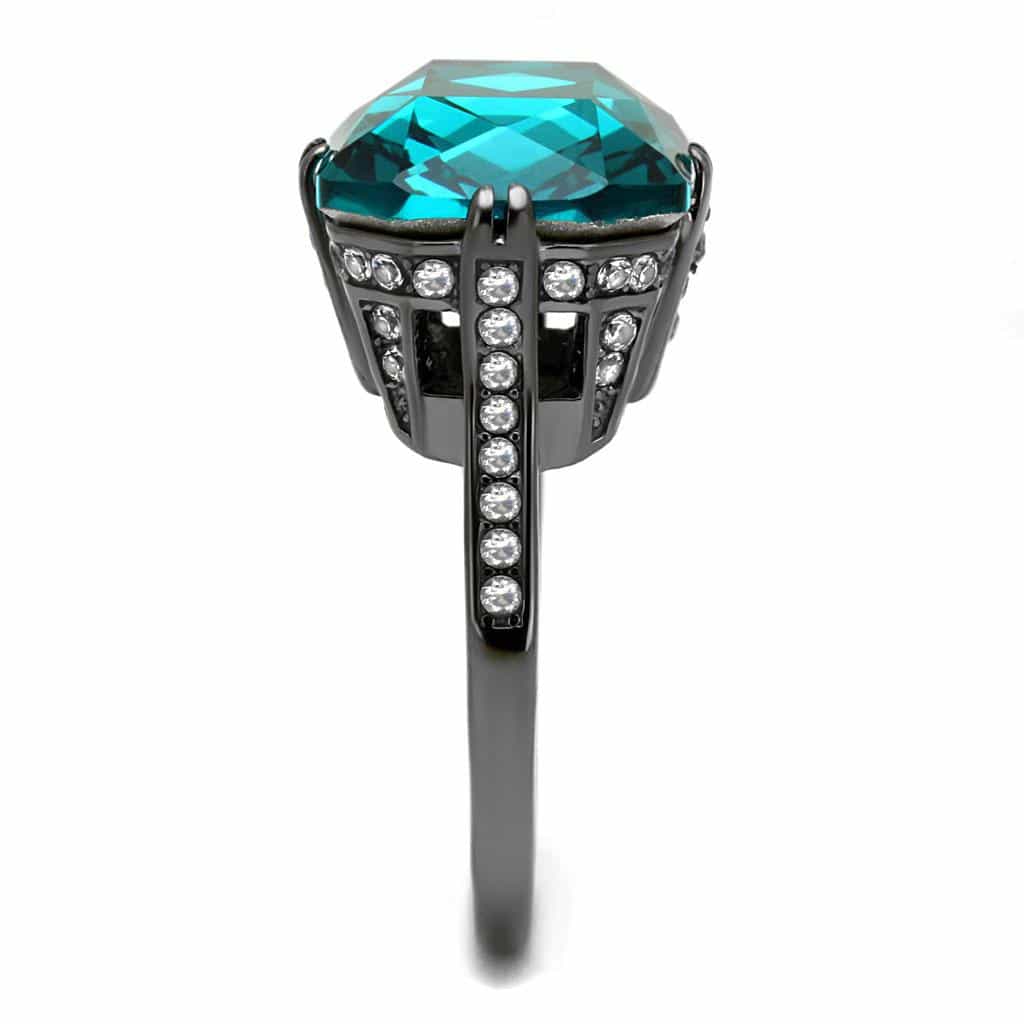 Stainless Steel Dark Gunmetal Blue Zircon Crystal Cushion CZ Ring view 7