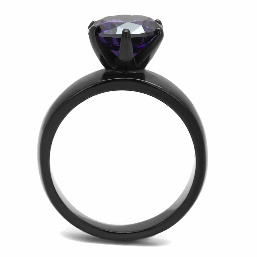 Stainless Steel Black IP Amethyst Purple CZ Oval Solitaire Ring view 5