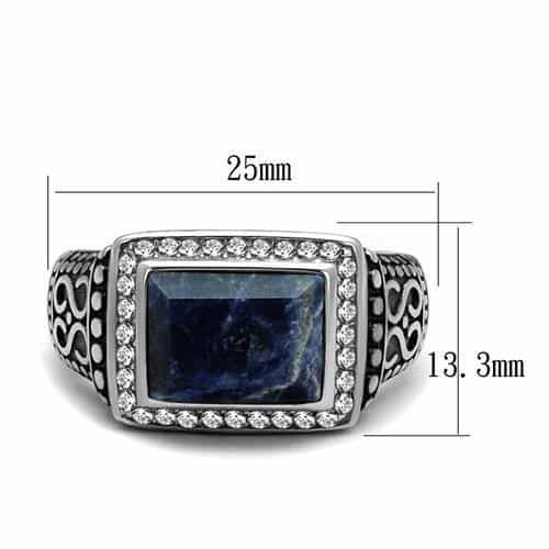 Stainless Steel Antiqued Silver Lapis Blue Stone Square CZ Ring view 3