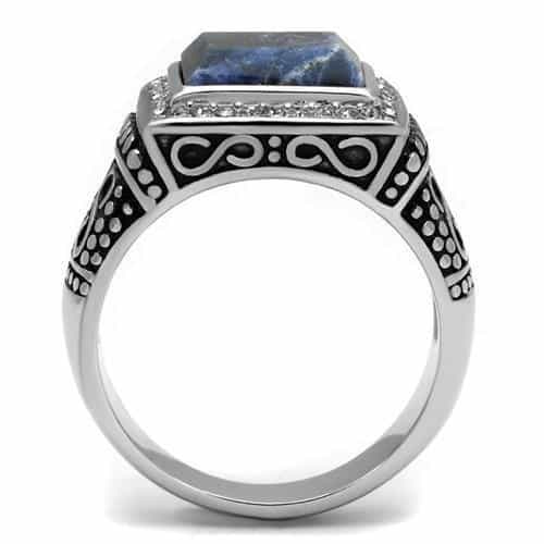 Stainless Steel Antiqued Silver Lapis Blue Stone Square CZ Ring view 5