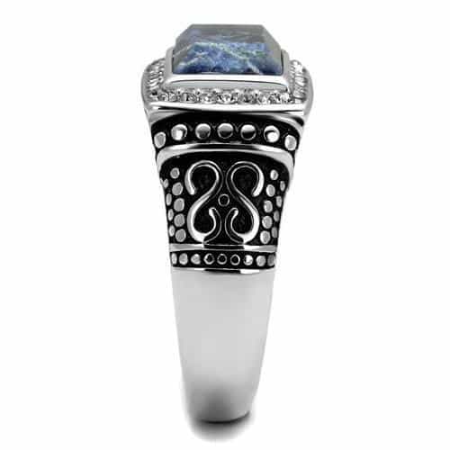 Stainless Steel Antiqued Silver Lapis Blue Stone Square CZ Ring view 7