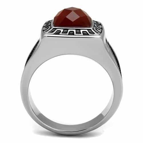 Stainless Steel Antiqued Silver Red Jasper Square Greek Key Ring view 5