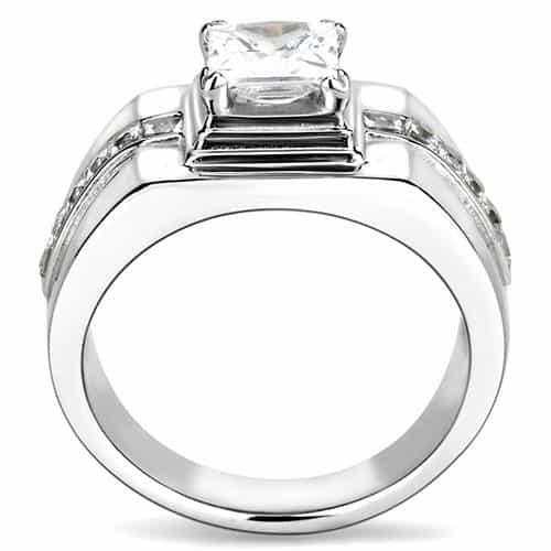 Stainless Steel CZ Princess Cut Square Halo Pave Ring view 5