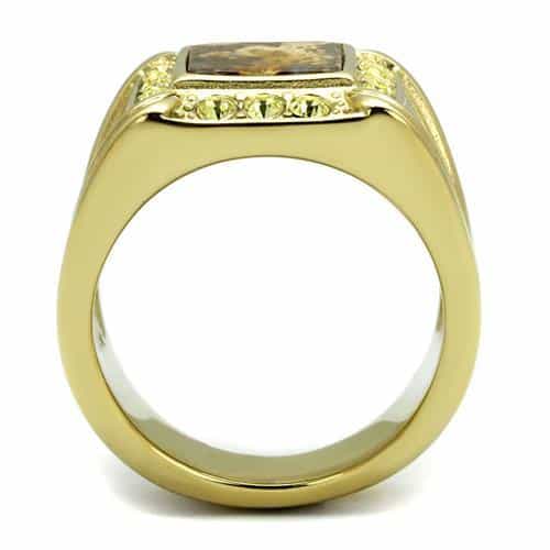 Stainless Steel Gold IP Jasper Brown Stone Square CZ Halo Ring view 5