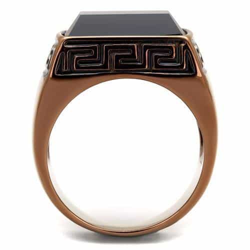 Stainless Steel Coffee Brown IP Black Onyx Emerald Cut Greek Ring view 5
