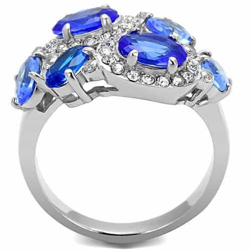 Stainless Steel Blue Sapphire CZ Oval Marquise Cluster Ring view 5