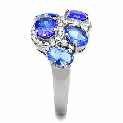 Stainless Steel Blue Sapphire CZ Oval Marquise Cluster Ring view 7