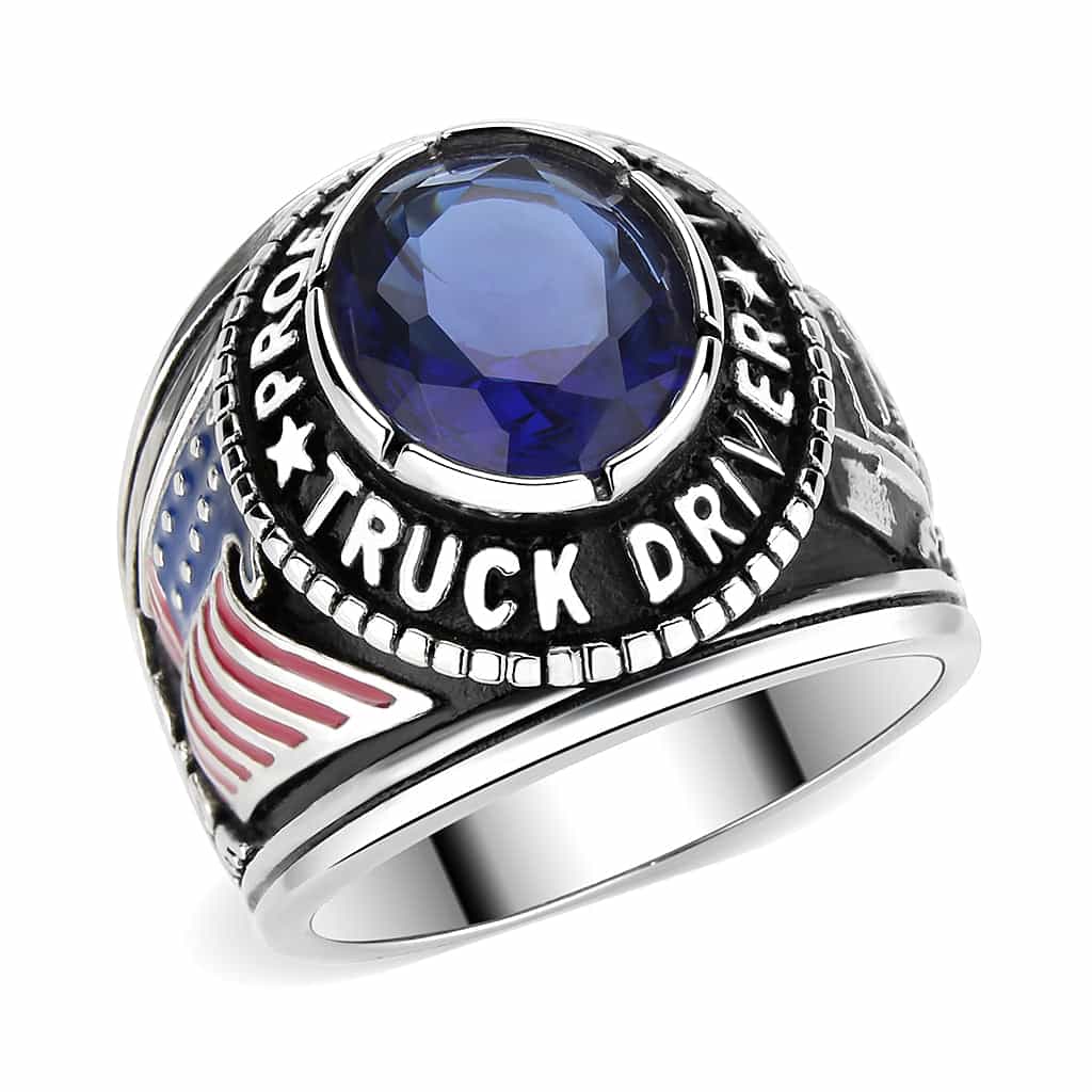 Stainless Steel Antiqued Silver Blue Sapphire CZ Oval Truck Ring view 1