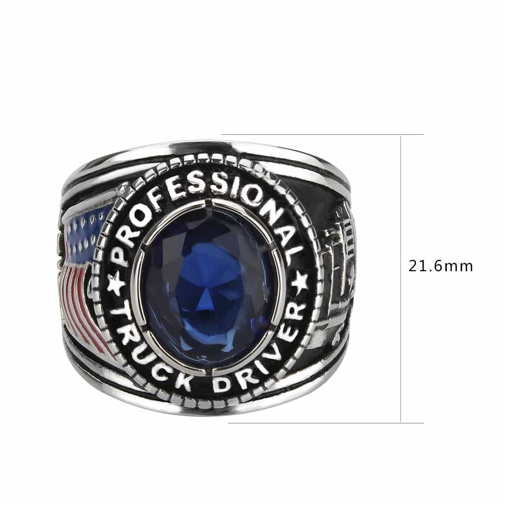Stainless Steel Antiqued Silver Blue Sapphire CZ Oval Truck Ring view 3