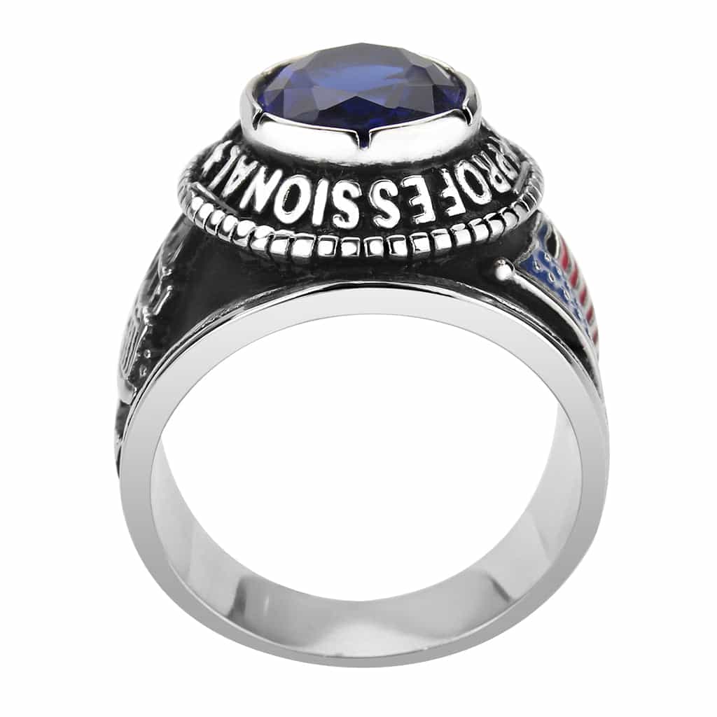 Stainless Steel Antiqued Silver Blue Sapphire CZ Oval Truck Ring view 5