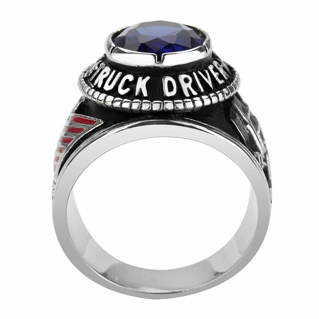 Stainless Steel Antiqued Silver Blue Sapphire CZ Oval Truck Ring view 7