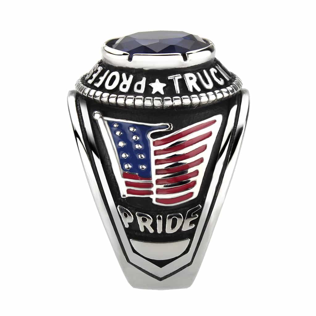 Stainless Steel Antiqued Silver Blue Sapphire CZ Oval Truck Ring view 9